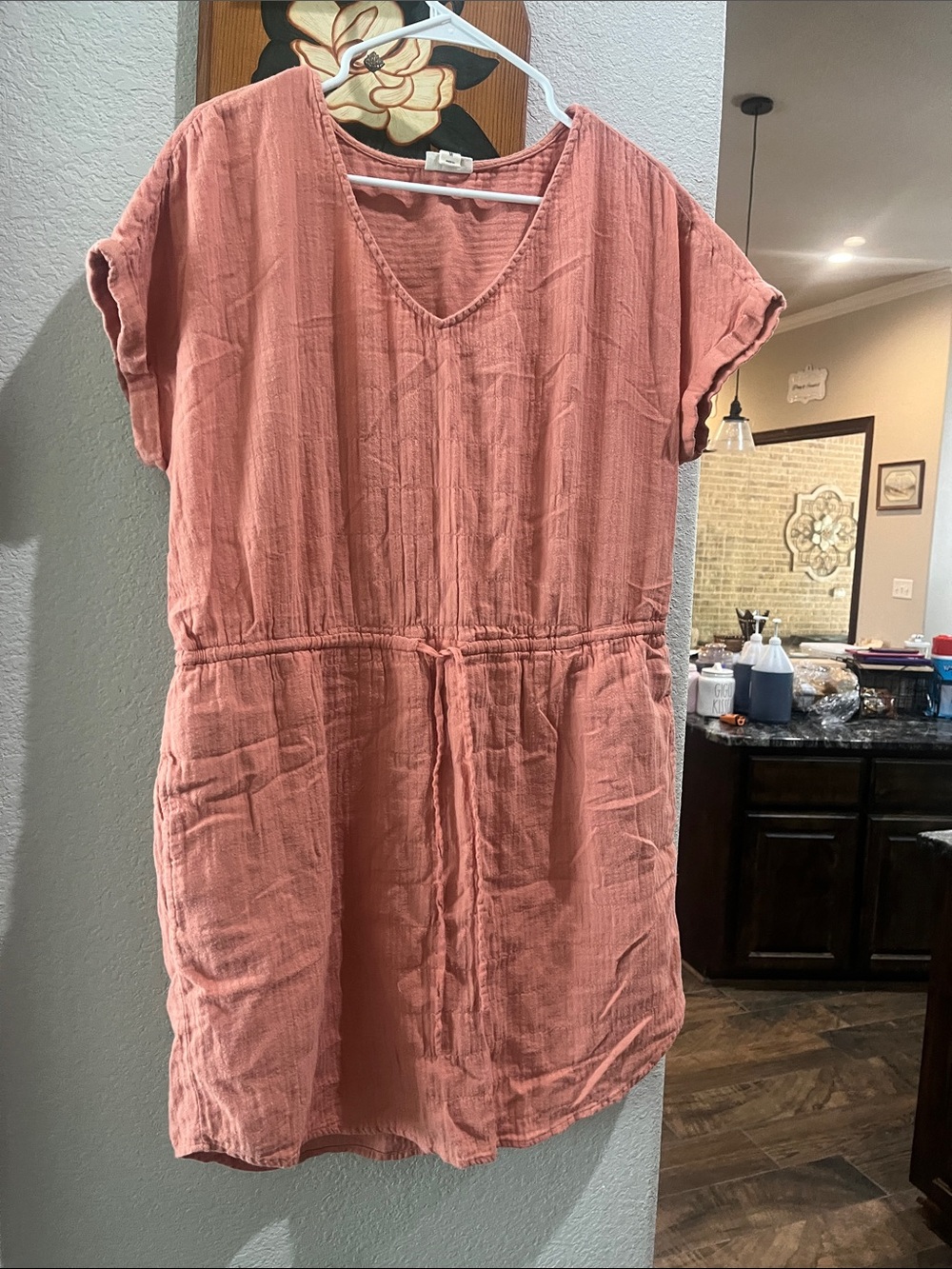 a.n.a Dusty Coral V-Neck Midi Drawstring Dress